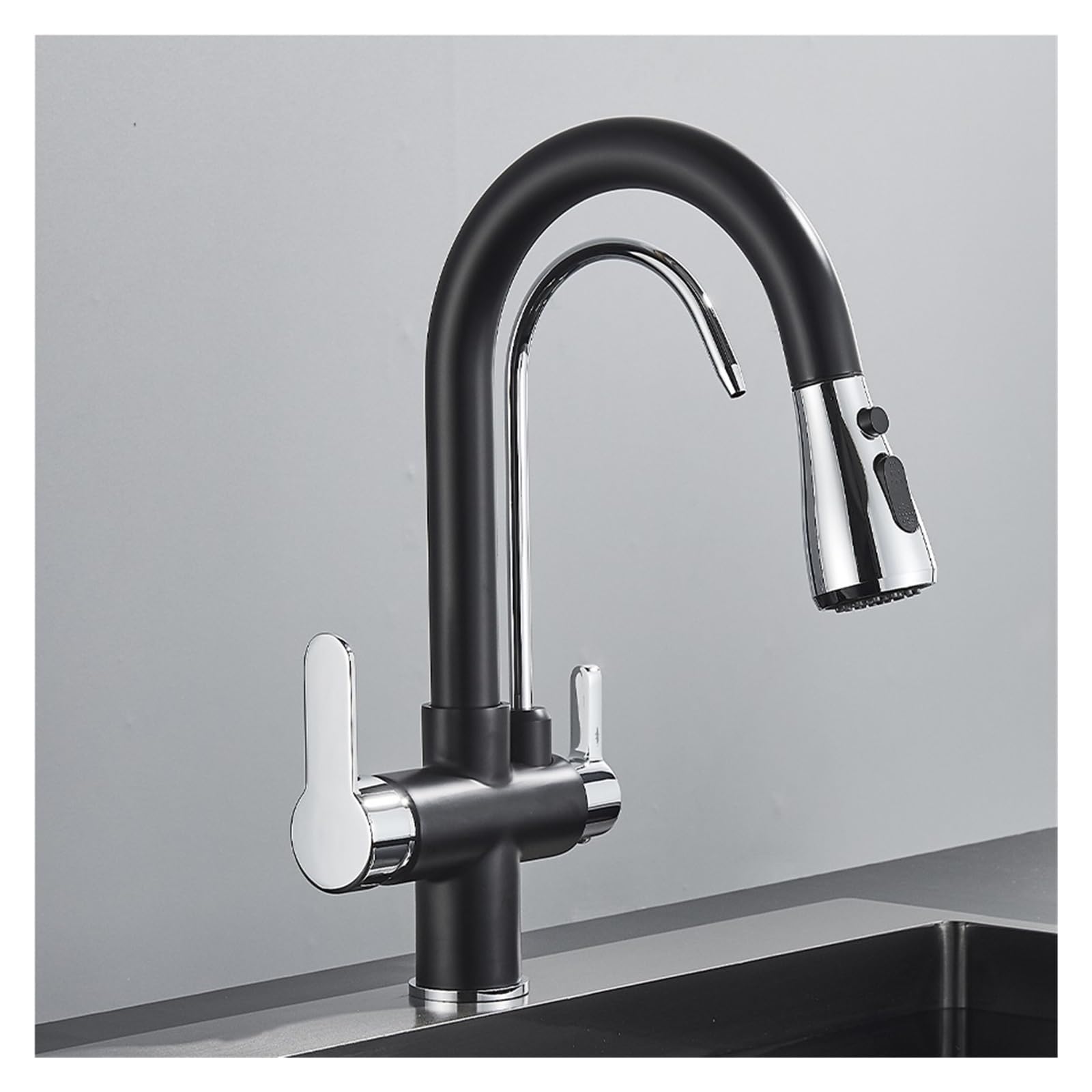 Robinet cuisine filtrant noir chrome et double sortie jet économie eau