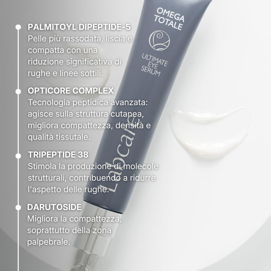 Labcare Omega Totale Siero Occhi e Palpebre - Trattamento Intensivo Rassodante per Lassità Palpebrale e Rughe Laterali con Peptidi, Senza Profumo - 20ml