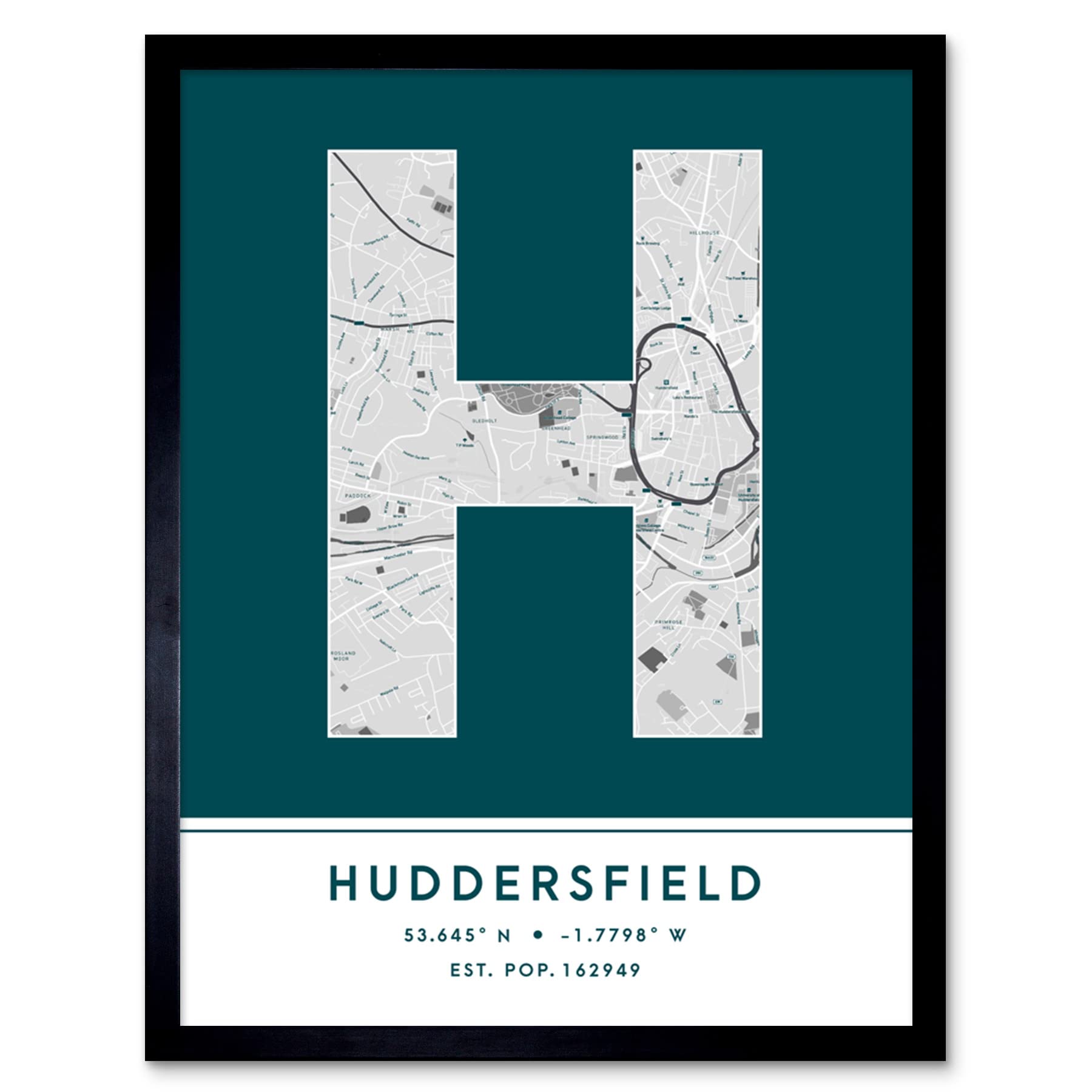 Wee Blue Coo Huddersfield England United Kingdom City Map Teal Colour Block Modern Typography Stylish Letter Framed Word Wall Art Print Poster for Home Décor CITYMAP1