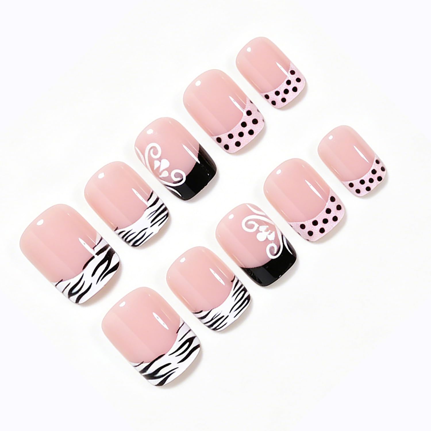Polka Dots Press On Nails Short Square Fake Nails Nude False Nails With White Black Stripe French Designs Acrylic Nails Press Ons Full Cover Glue On Nails Spring Stick On Nails For Women