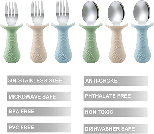 Miniatura 10 de PandaEar Juego de utensilios de tenedor y cuchara para bebés pequeños, paquete de 6 cubiertos de silicona de acero inoxidable, tenedor de cuchara