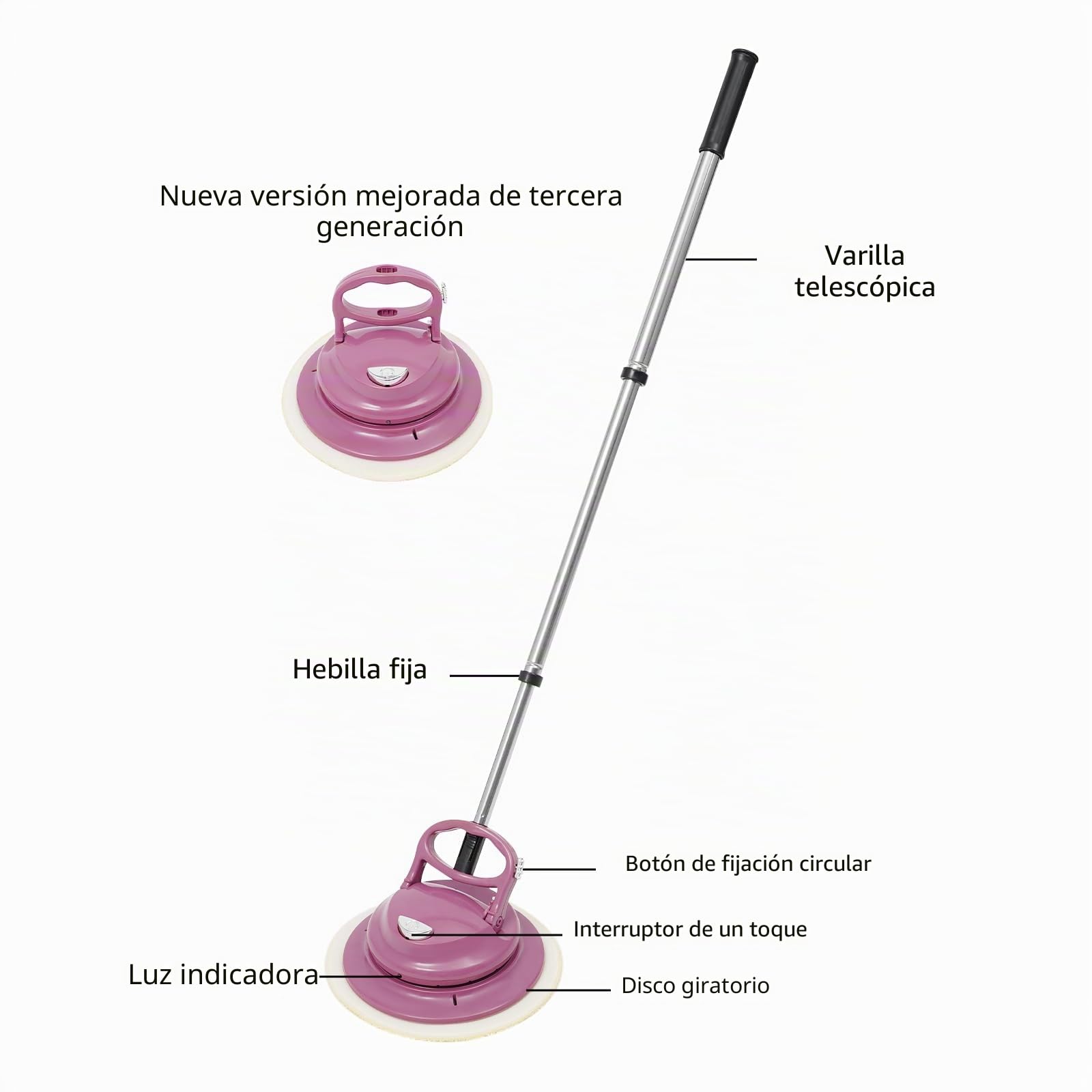 Mopa eléctrica inalámbrica, mopa de suelo, pulidora eléctrica, máquina de limpieza de suelos, iluminación LED, fregona vibratoria, mopa de suelo para limpiar