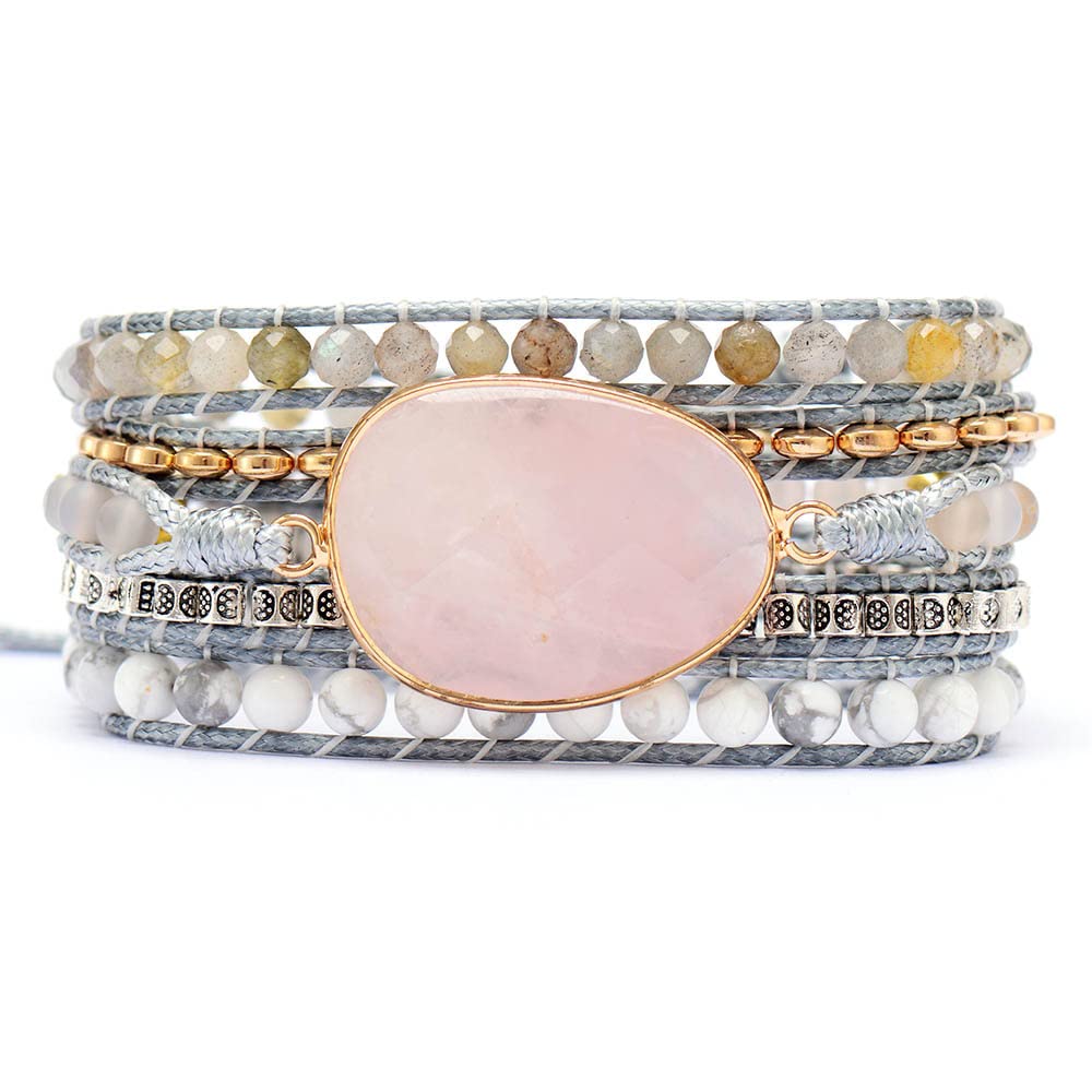Braccialetti multistrato con pietre preziose Boho fatti a mano per donna, braccialetti con perline regolabili, ciondolo in pietra di quarzo rosa, gioielli con bracciale chakra per uomo e donna