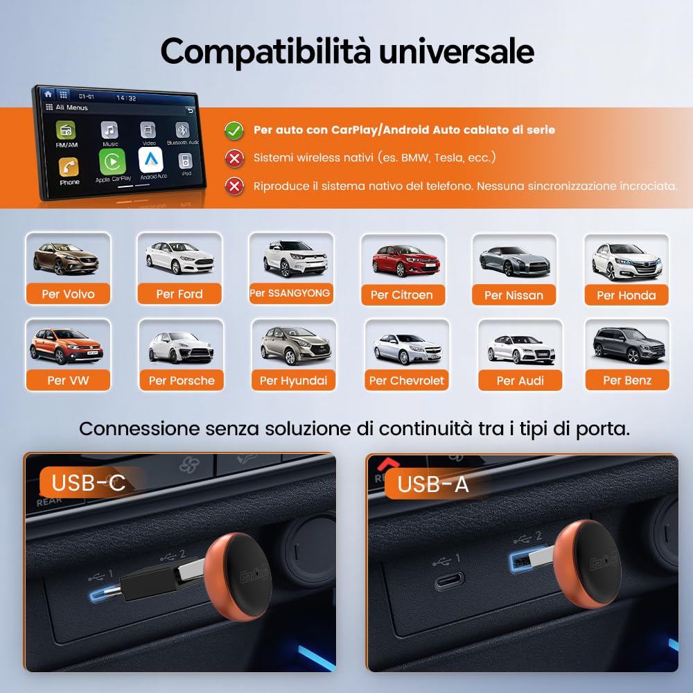 Carlinkit Mini Ultra 3 Adattatore Wireless CarPlay e Android Auto, Converte OEM Cablato in Wireless, Plug & Play USB A/C, Connessione Automatica, Aggiornamento OTA, Arancione