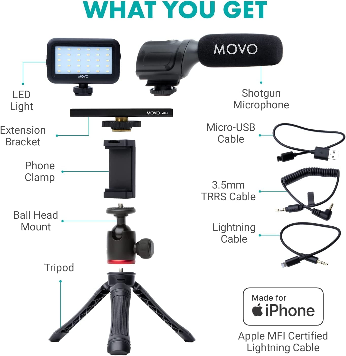 Movo iVlogger Kit para iPhone: Kit de Vlogging compatible con Lightning - Accesorios: Micrófono Direccional, Luz LED, Trípode para teléfono y Soporte para teléfono - Para YouTube o Kit de Vlogging