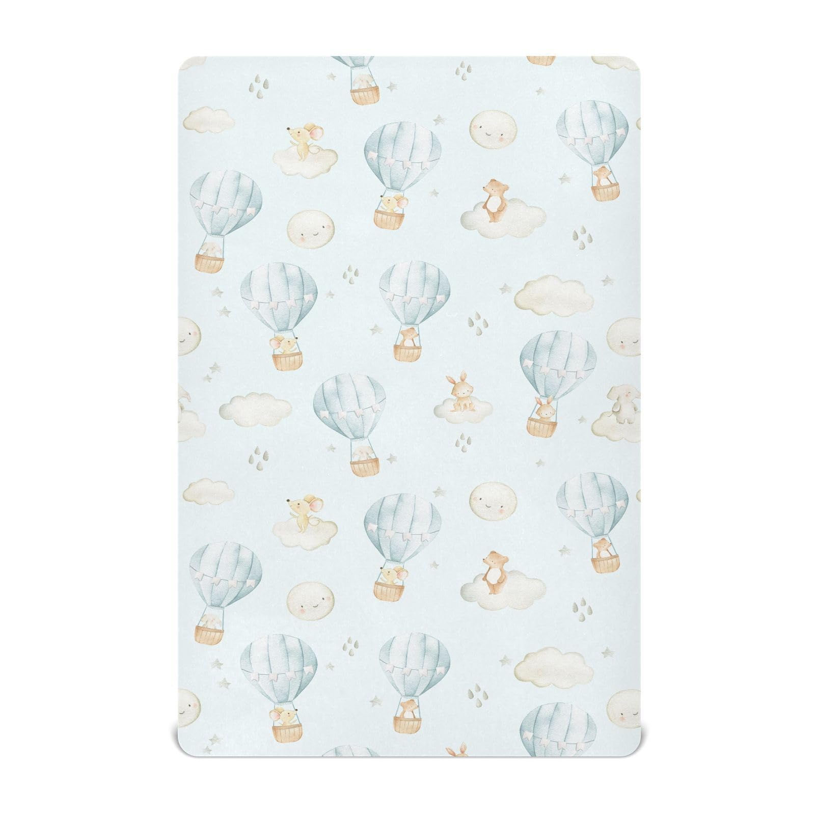 Hot Air Balloon Rabbits &amp; Mouse Toddler Baby Crib Sheets, Neutral Mini Crib Mattress Sheets, Fitted, Soft &amp; Breathable, 52 * 28 * 9In White
