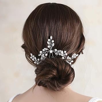 Fstrend Bride Wedding Hair Pins Silver Crystal Pearl Headpieces Bridal Hair Accessories for Women and Girls (Pack of 3)