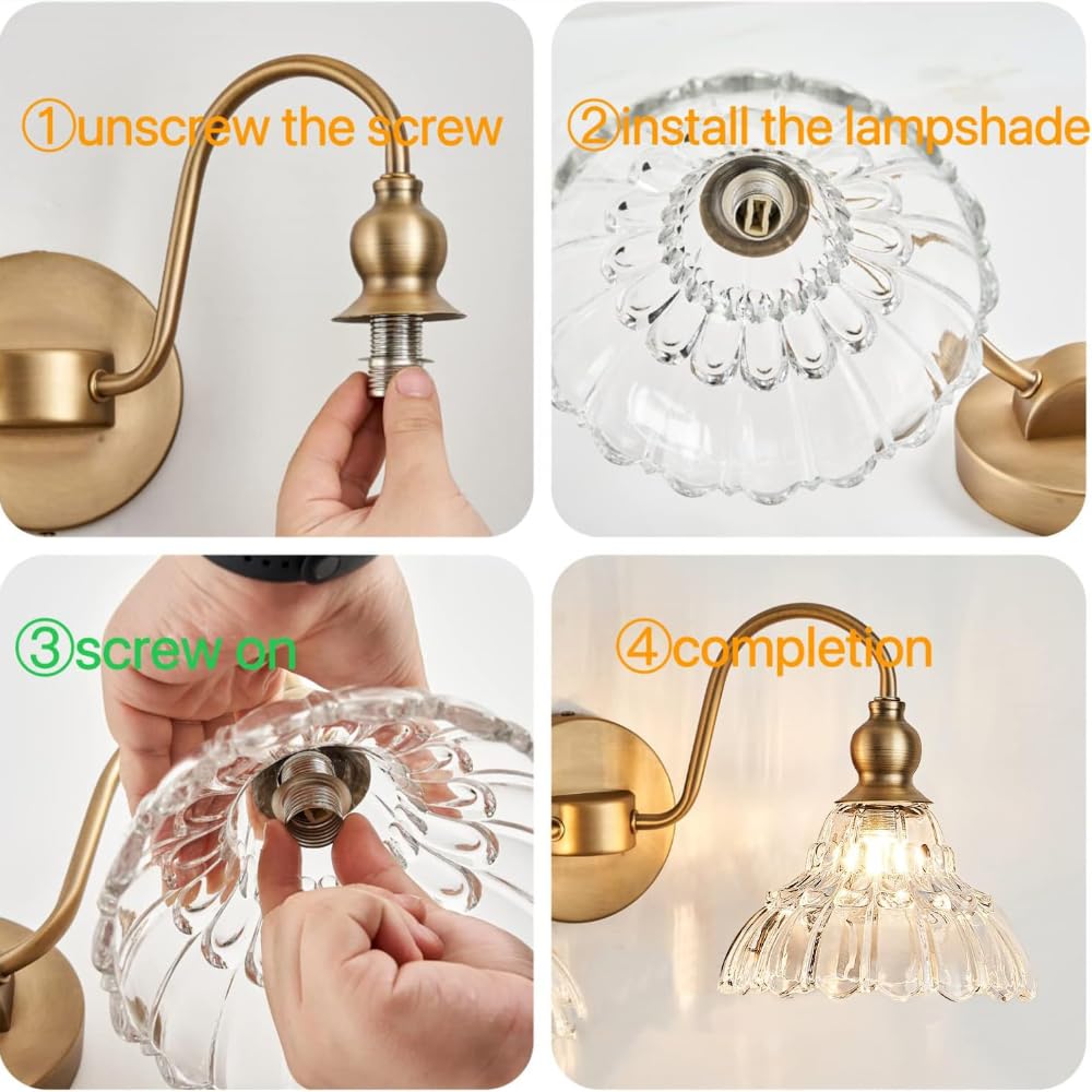 XINYASEE Applique d'intérieur avec abat-jour en verre vintage G9 Applique de salle de bain avec double et triple têtes pour salon chambre à coucher cuisine vanity (noir, or) (Or-3)