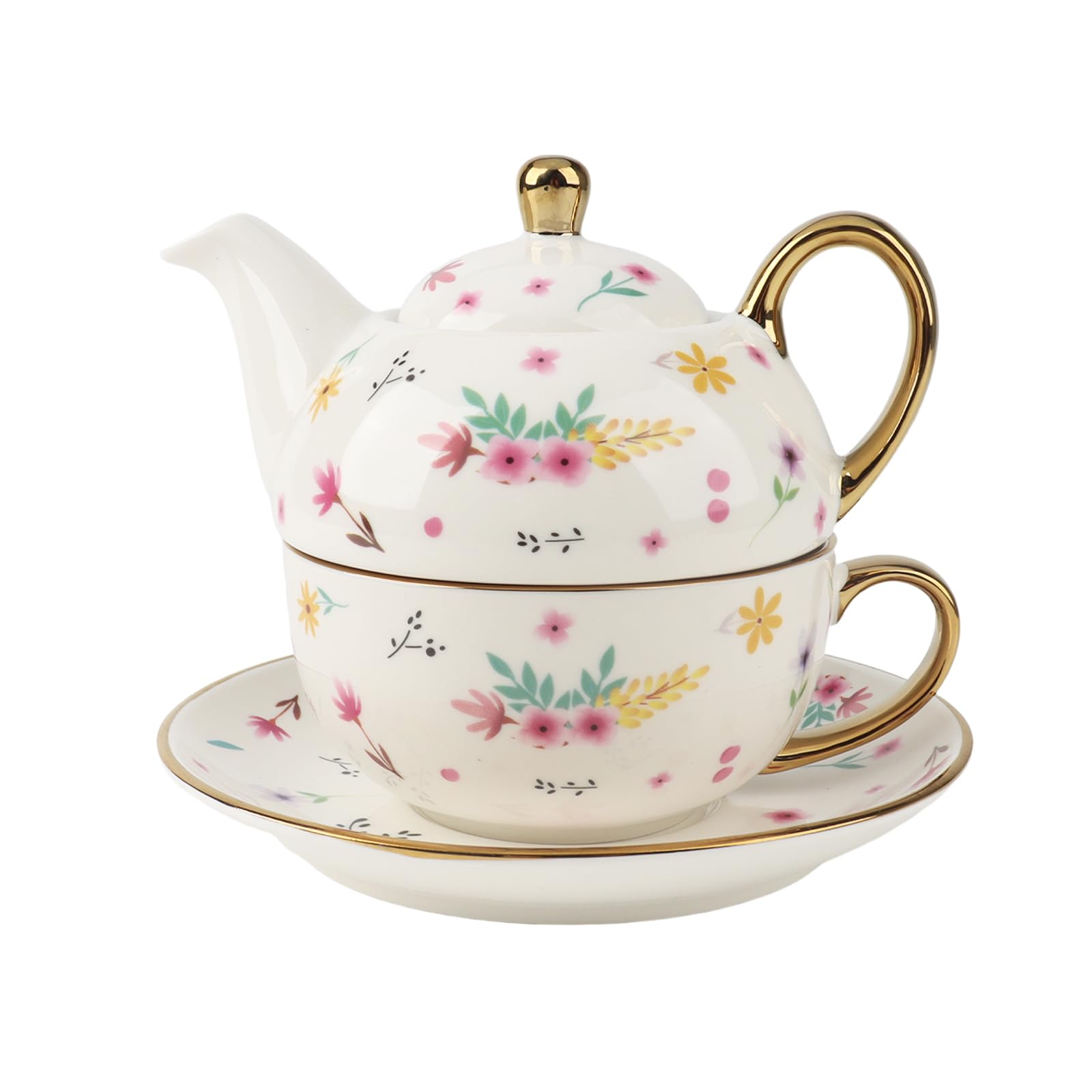 Tea for One, Teapot Tea Cup and Saucer, Gifts for Women Vintage Floral Gold-Plated Tea Set for one (Pink)