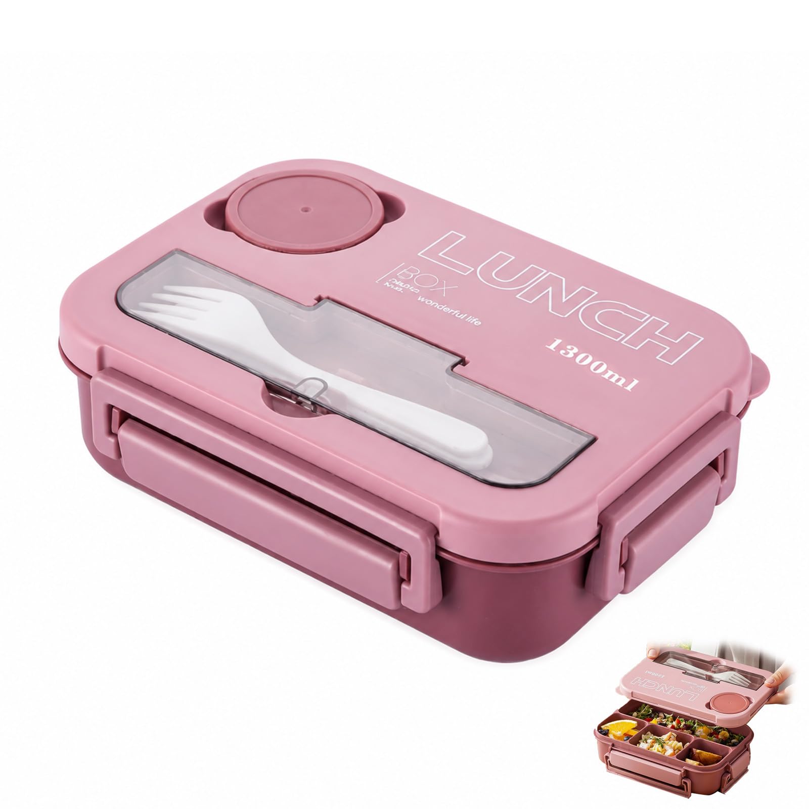 elook Pink Lunch Box, Compartments Bento Lunch Box for Teens with 1300ml