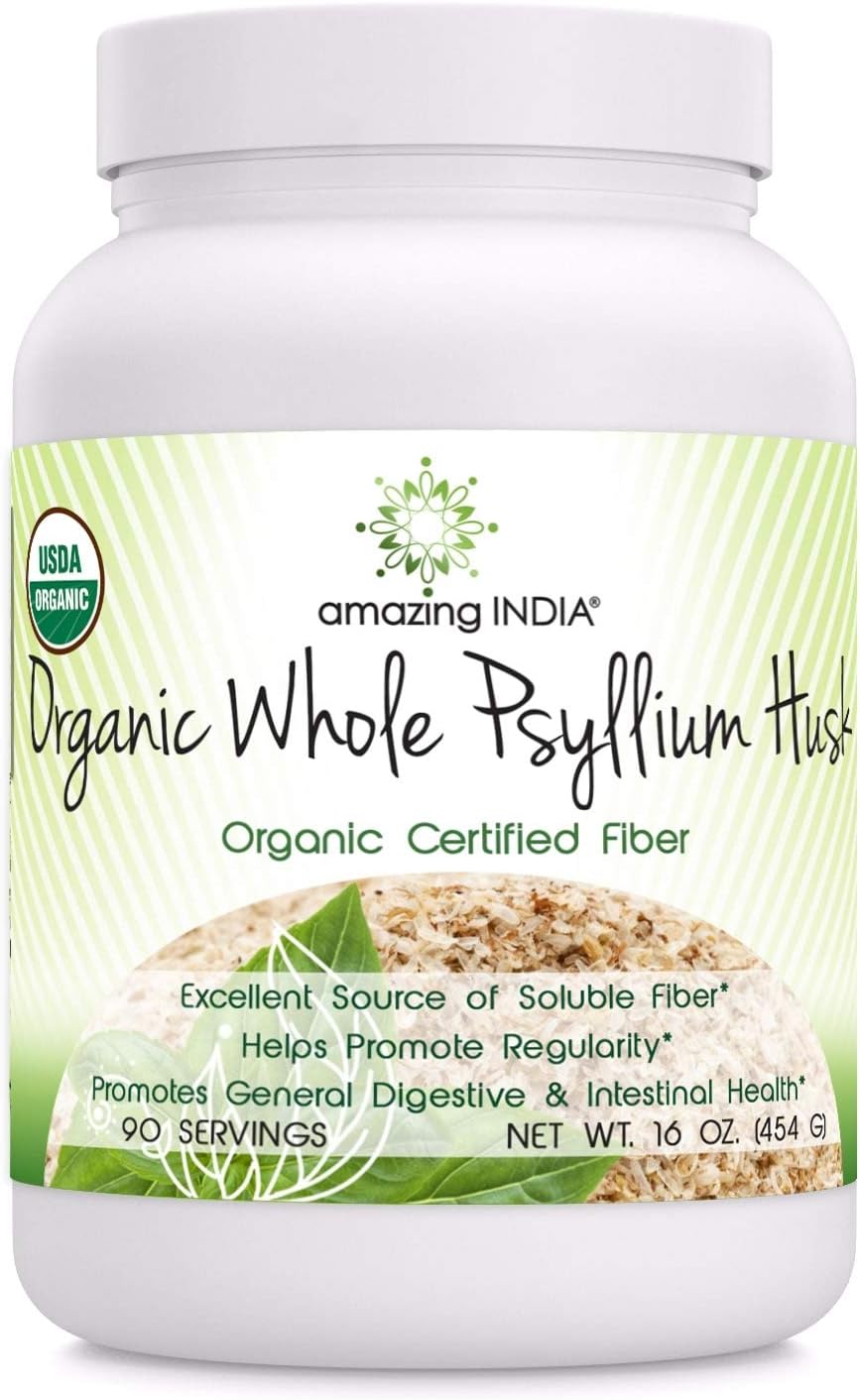 Amazing India USDA Organic Whole Psyllium Husk Powder Supplement | 5 Grams Per Serving | Non-GMO | Gluten Free | Made in USA (1 Pack | 16 Oz)