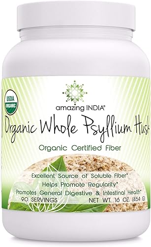 Amazing India USDA - Suplemento en polvo de cáscara de psyllium entero orgánico  0.18 oz por porción  Sin OMG  Sin gluten  Fabricado en Estados