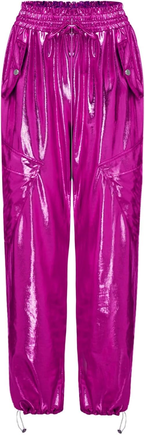 MSemis Women Metallic Cargo Pants High Waist Straight Pants Rave Joggers Disco Jazz Dance Hip Hop Music Trousers