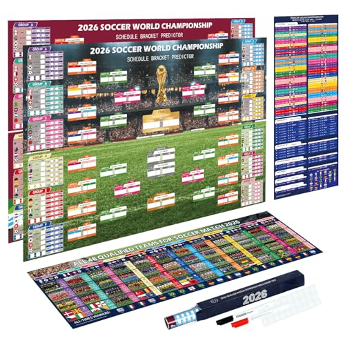 World Soccer Bracket Poster Set, 3PCS 40 x 26 Inches Double-Sided Dry Erase Wall Chart with Match Tracker, Team Info Sheet and Game Schedule Layout for Home, Bar, Watch Parties, Soccer Fans, Party Decor