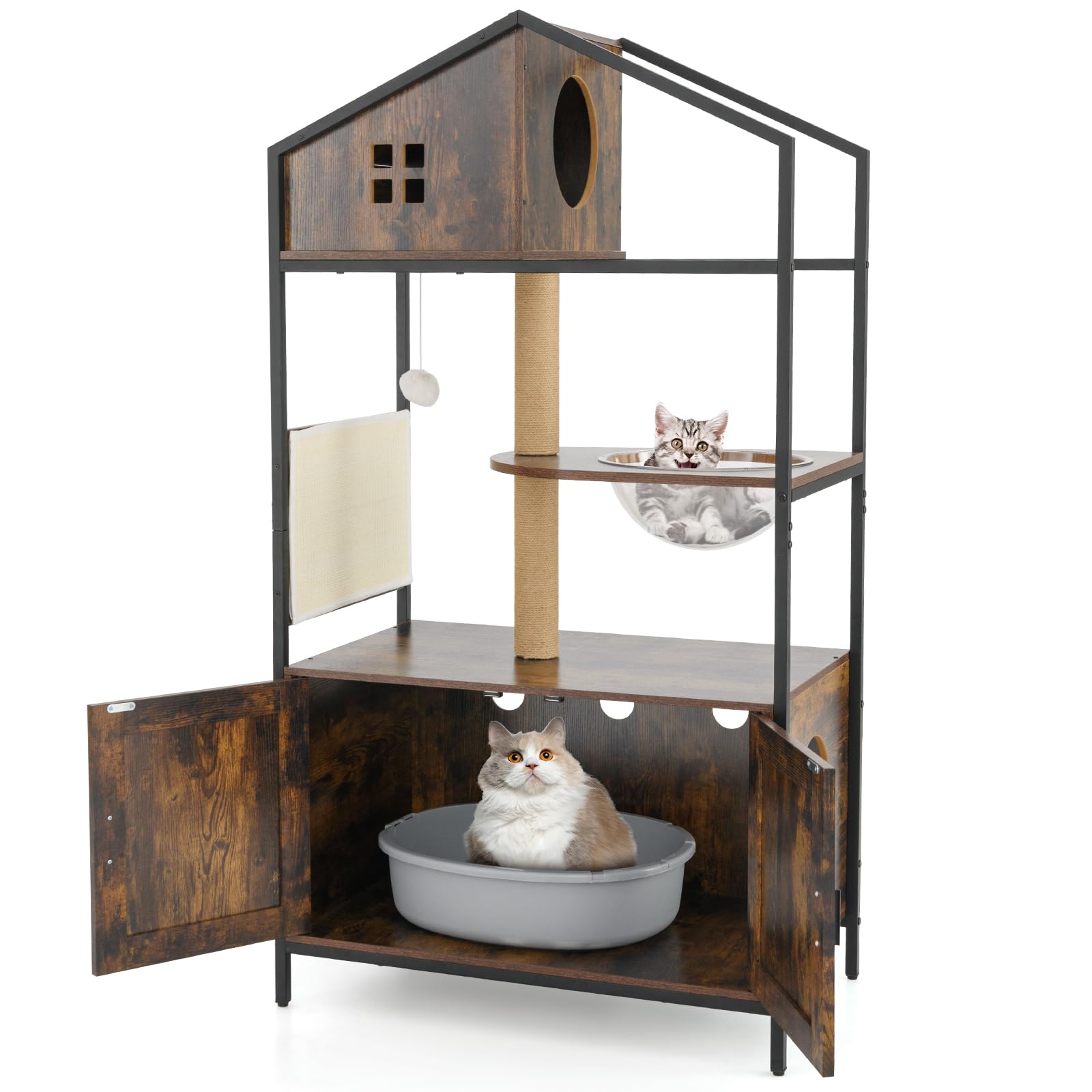 COSTWAY Meuble Litiere Chat, Tapis et Poteaux à Griffer en Sisal, Condo, Capsule, Masion Chat, 3 Trous Ventiles, Coussinets Réglables, Arbre a Chaton avec Litiere Intégrée, 80 x 48 x 150 cm