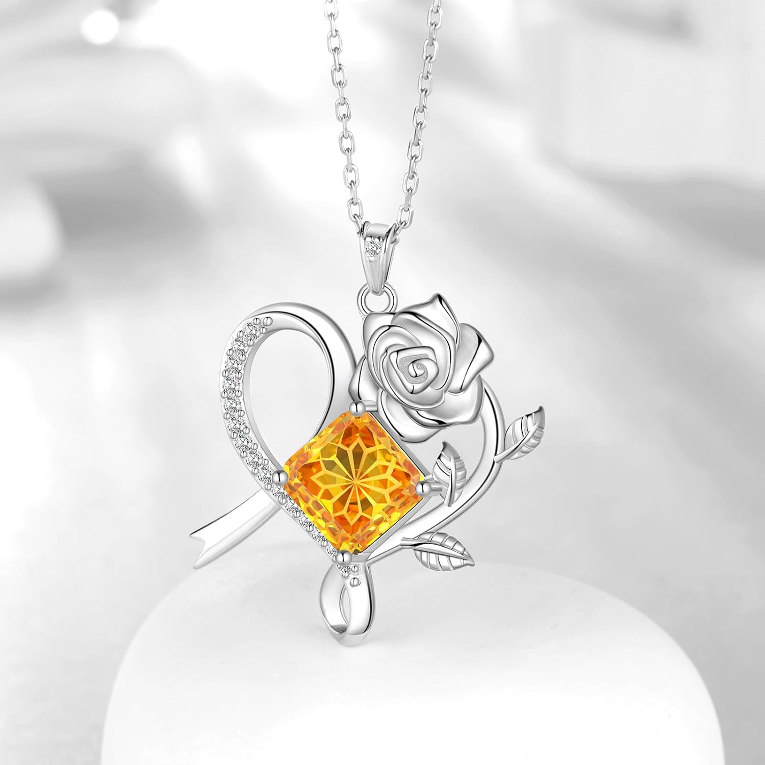 Aurora Tears Birthstone Love Heart Rose Pendant Necklace - 925 Sterling Silver Snowflake Cut Square Cubic Zirconia Ribbon Necklace Anniversary Birthday Jewelry Gift for Women Wife Mom Daughter - Image 3