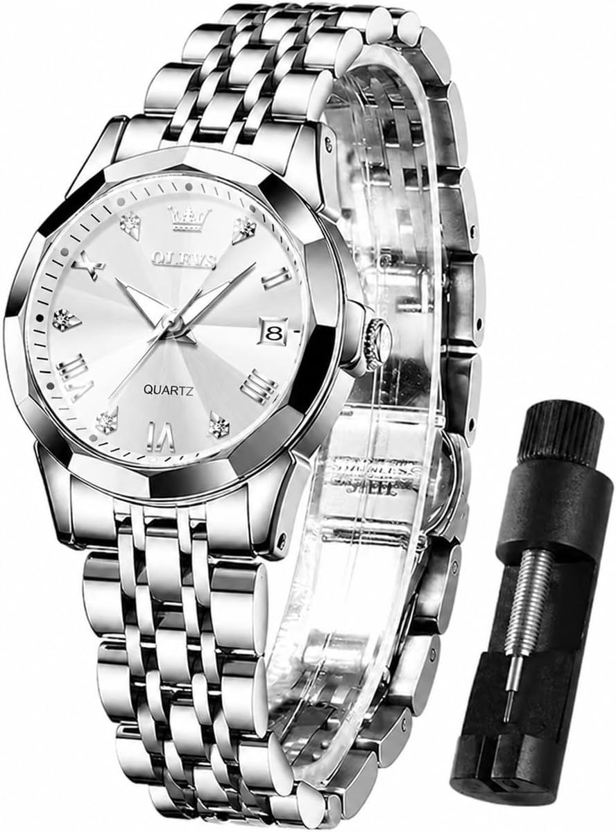 OLEVS Watch Women Sliver Dress Luxury Original Watch for Women Small Wrist Ladies Classic Round Face Hand Watch with Lights Stainless Steel Band Waterproof Quartz Analog Elegant Women Bracelet Watch