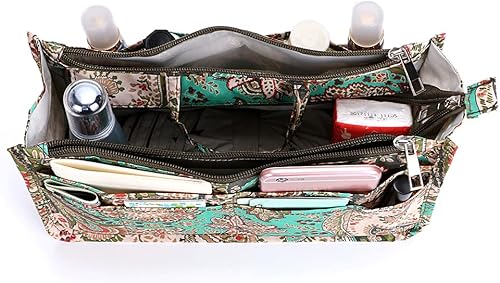 Miniatura 4 de BTSKY Organizador de bolso de mano de impresión dentro del bolso, alta capacidad, 13 bolsillos, organizador con asa, flor de pavo real