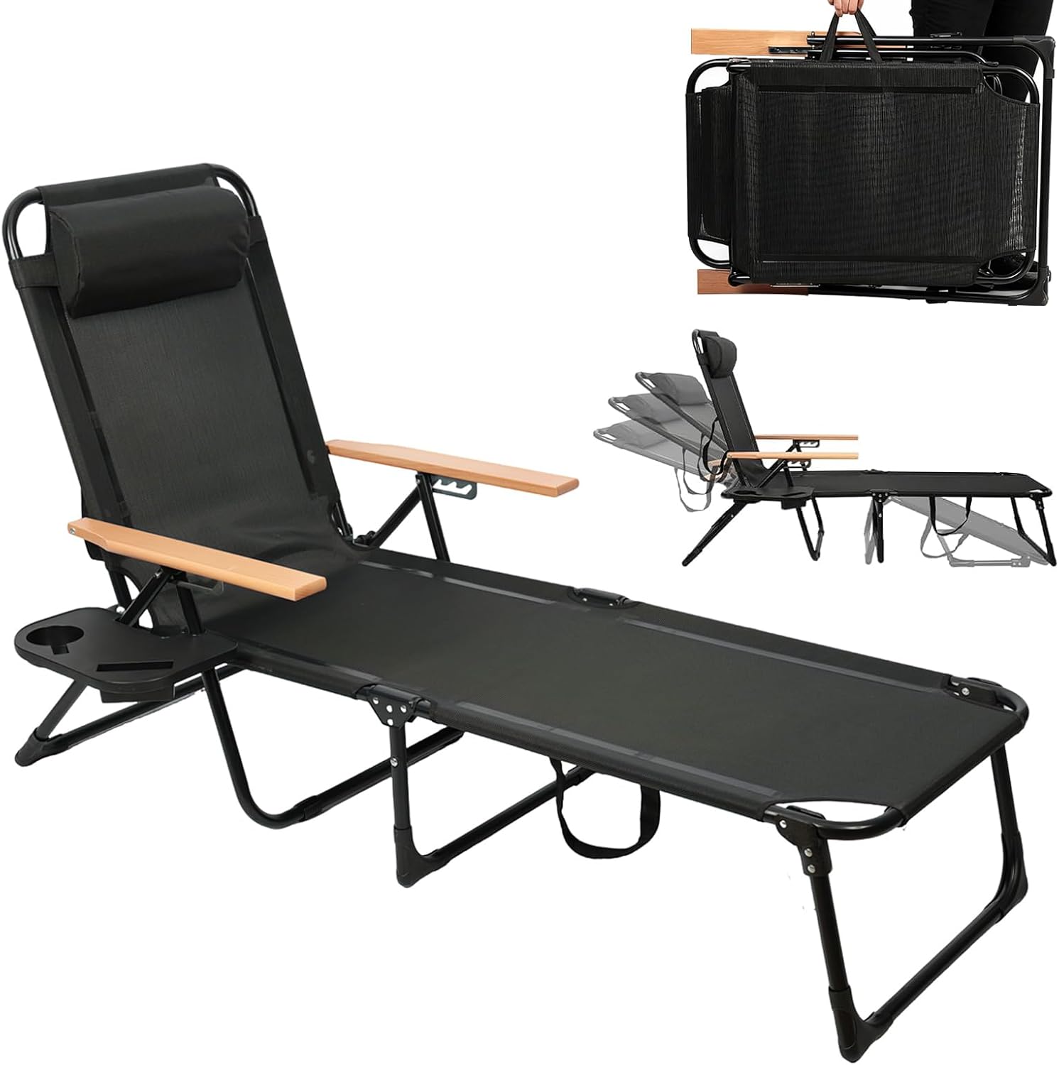 Folding Outdoor Chaise Lounge Chair, Portable Camping Cot, 5 Position Beach Lounge Chair - with Cup Holders & Wooden Armrests, Sun Tanning Chair for Patio, Poolside, Lawn, Supports 350lbs (Black)
