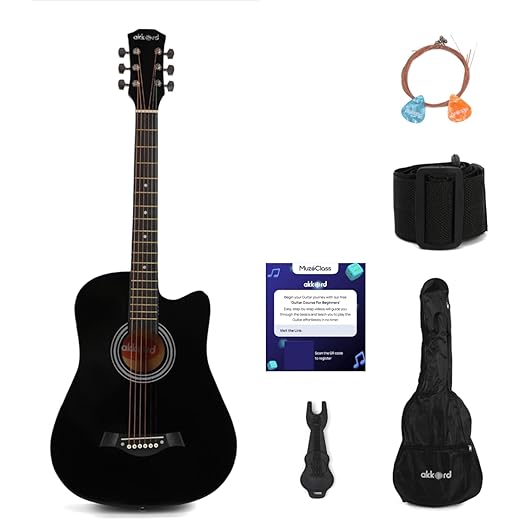AKKORD Basswood 38 Inch Acoustic Cutaway Guitar Kit With Gigbag, Strings, Picks, Strap And Key - Glossy Black | Complete Guitar Kit For Beginners With Free Course