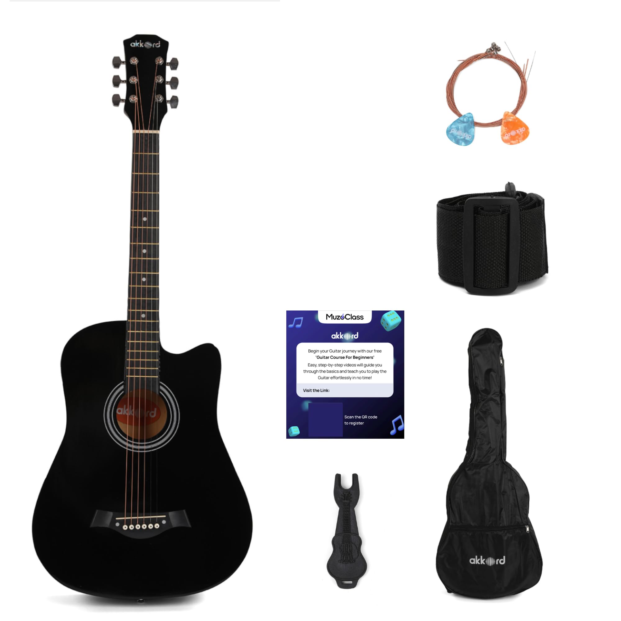 Akkord 38 Inch Acoustic Cutaway Guitar Kit with Gigbag, Strings, Picks, Strap and Key - Glossy Black | Complete Guitar Kit for Beginners with Free course-picture-13