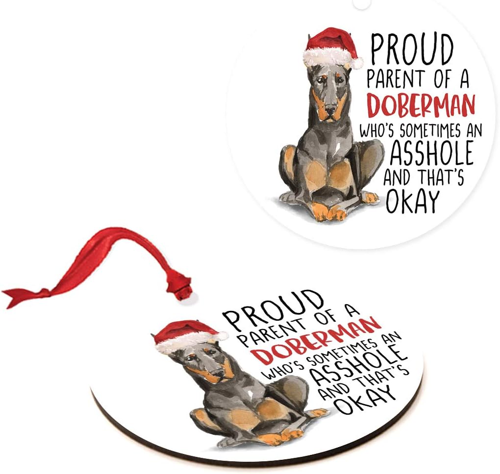 Andaz Press Round MDF Natural Wood Christmas Ornament Dog Lover's Gift, Proud Parent of A Doberman, Watercolor, 1-Pack, Birthday Gift for Dog Mom Family Doberman Ornament