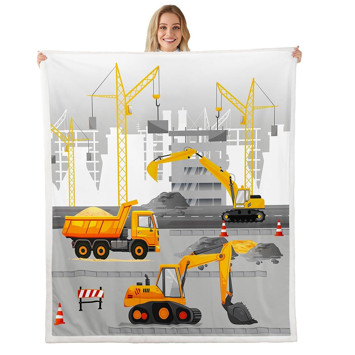 Homemissing Bagger Decke 150x200cm Baufahrzeug Kuscheldecke Set Zeichentrickfahrzeug Baufahrzeug Fahrzeugdruck Wohndecke Set für Kinder Jungen Mädchen Atmungsaktiv Flanell Fleecedecke Weich Grau Gelb