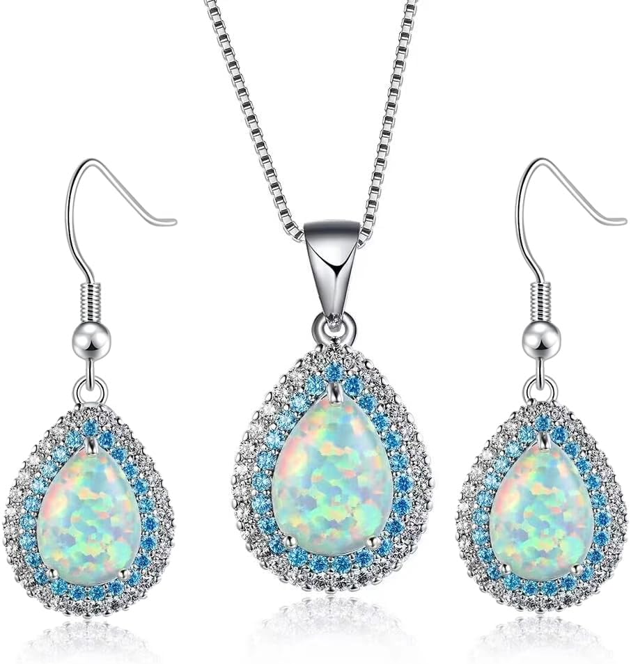Opal Jewelry Sets for Women Square Necklace and Earring Sets Hypoallergenic 18k White Gold Plated Green Opal Jewelry Set Birthstone Wedding Jewelry Gift