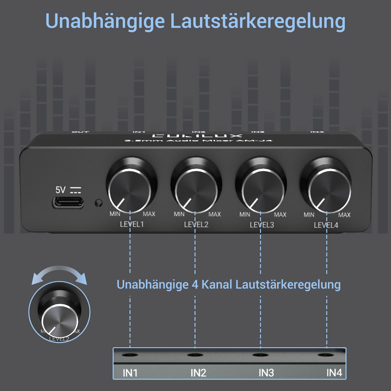 Cubilux 4 Kanal 3,5mm Audio Mixer, Extrem rauscharmer Mini Audio Mixer für Sub-Mixing, 1/8 TS/TRS-Eingang, Stereo-Umschalter, geeignet für Gitarren, Bass, Keyboards