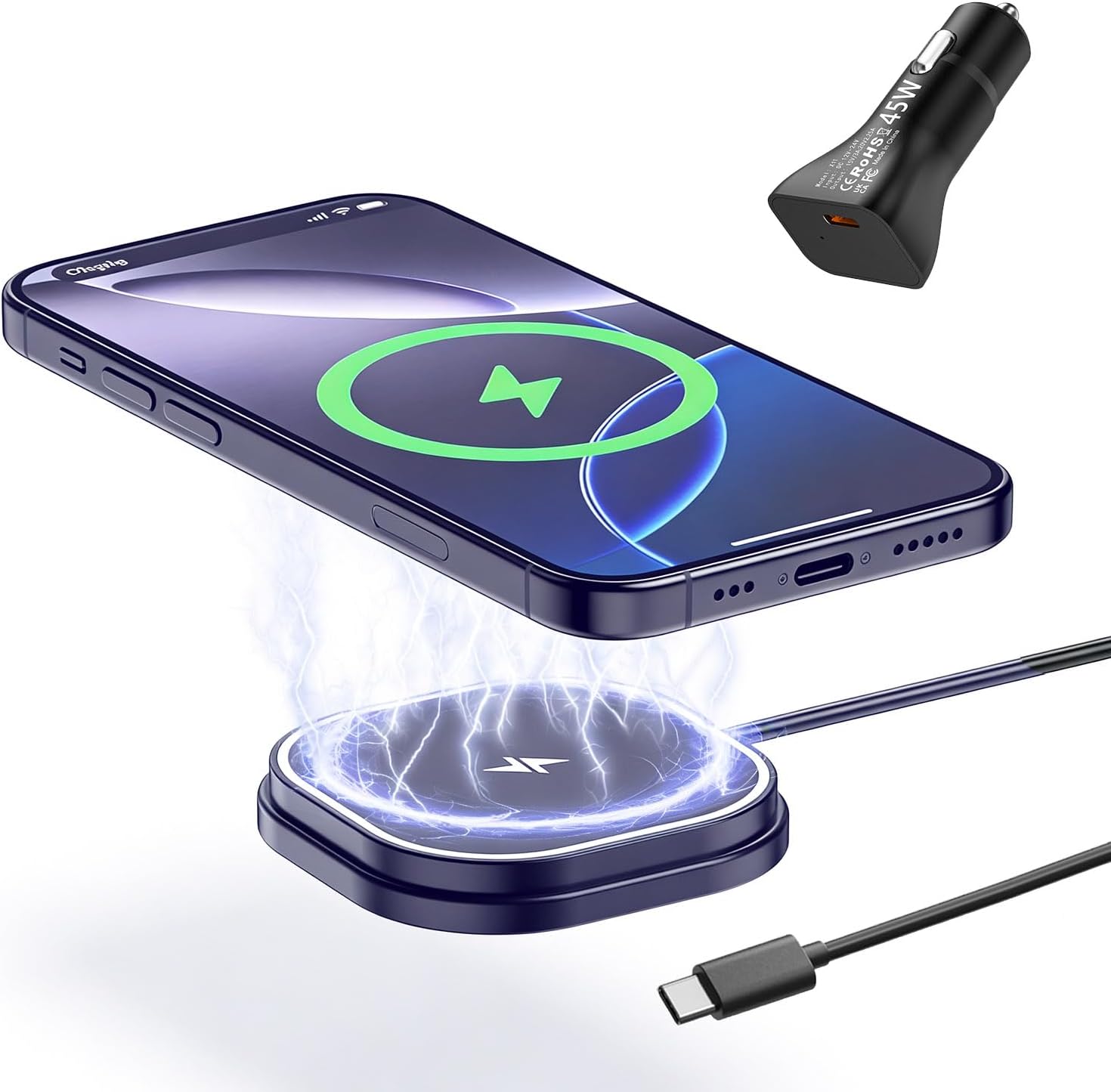 25W Magnetic Wireless Charger for Car, POLMXS Fast Charging pad Ultra-Thin Wireless Phone Charger Mat for Desk & Bedside, Compatible with iPhone 17/16(25W)/15/14/13/12(7.5W) Magsafe(C10)