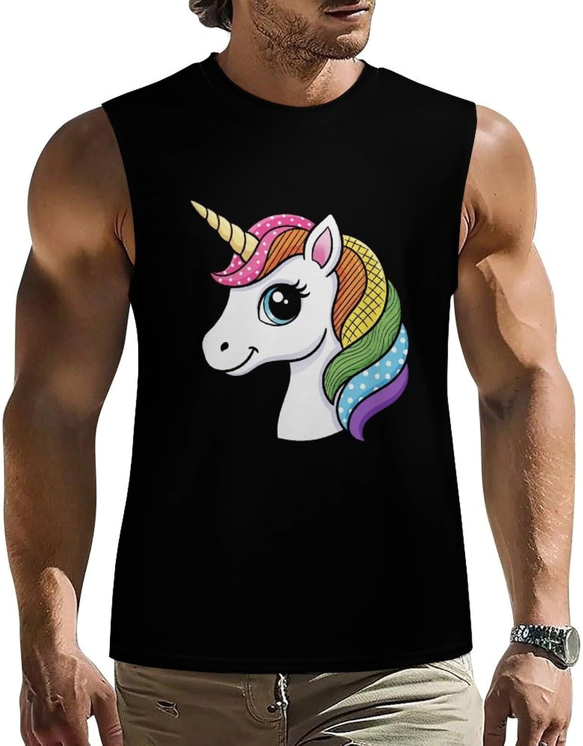 Cute Rainbow Un-icorn Men Summer Sleeveless Crew Neck Top 5XL