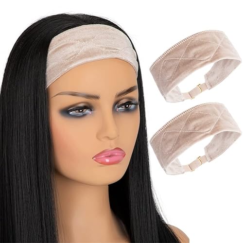 Miniatura 7 de Ecojunmi Diadema elástica de terciopelo para peluca, 2 piezas, cómoda banda ajustable para pelucas, banda antideslizante de buen agarre (marrón