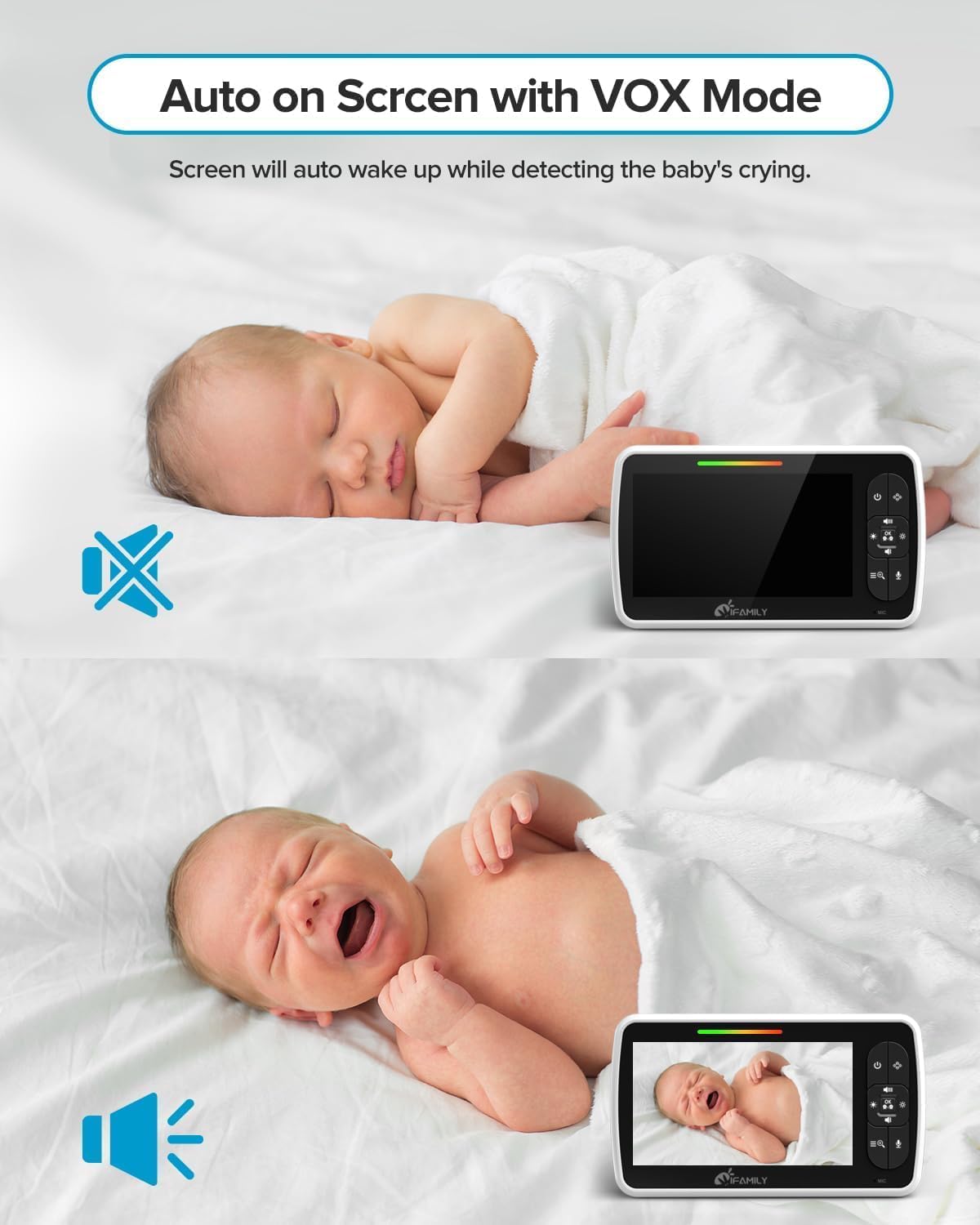 iFamily SM650 Baby Monitor screen showing a sleeping baby with screen off, and a crying baby with screen on, illustrating VOX mode