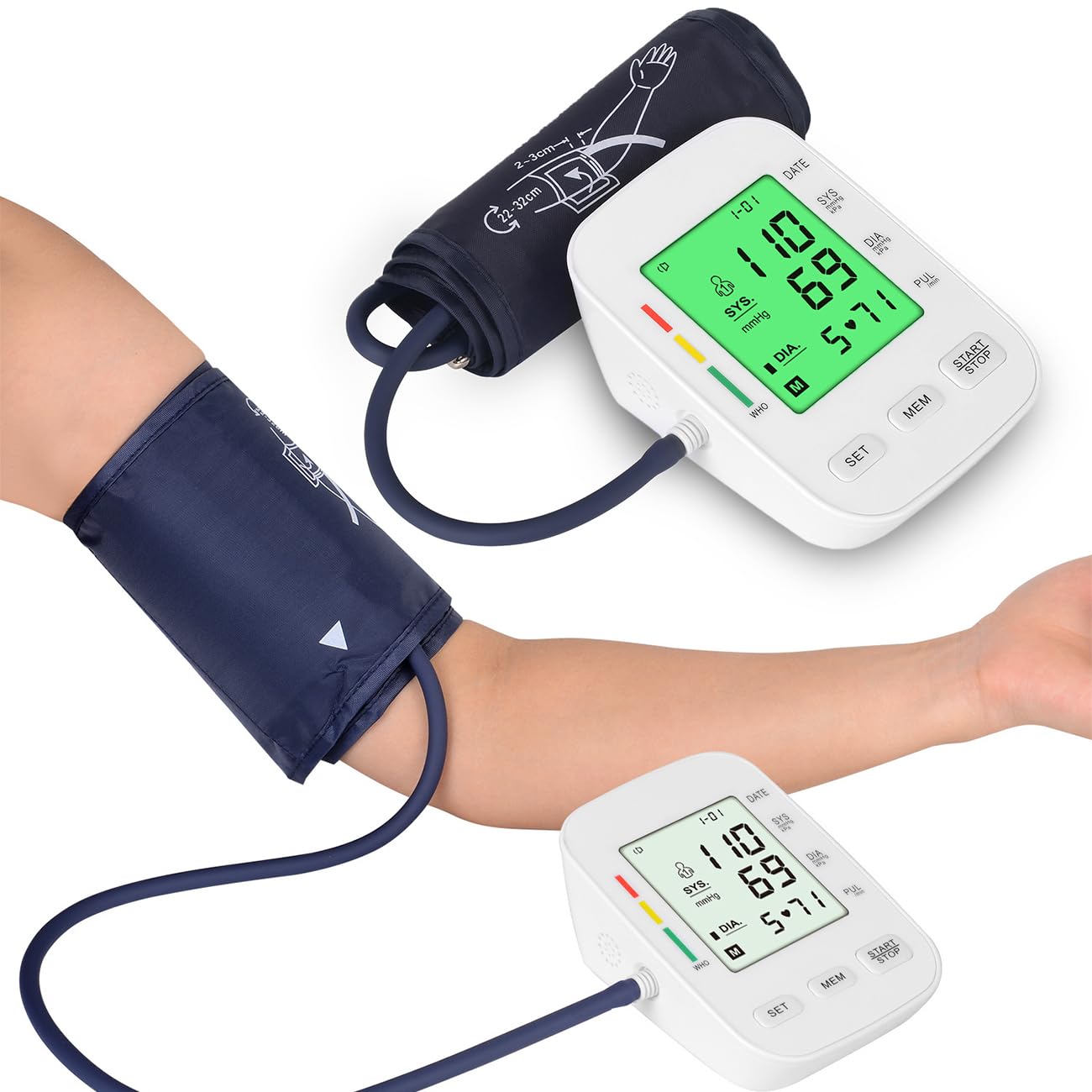 Blutdruckmessgerät Oberarm – Elektronisches Blutdruckmessgerät mit Arrhythmie-Erkennung, großem LCD-Display, 180 Speicher für 2 Nutzer, USB-Stromversorgung, Manschette 22–32 cm, Praktisch für Reisen