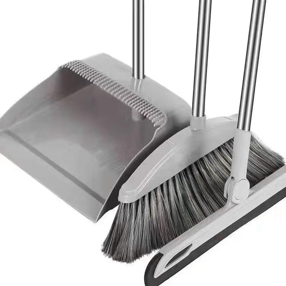 Plookyoe Dustpan Broom Set Floor Wiper Household Cleaning Long Handle Cleaning Set for Lobby Household Kitchen Cleaning Grey