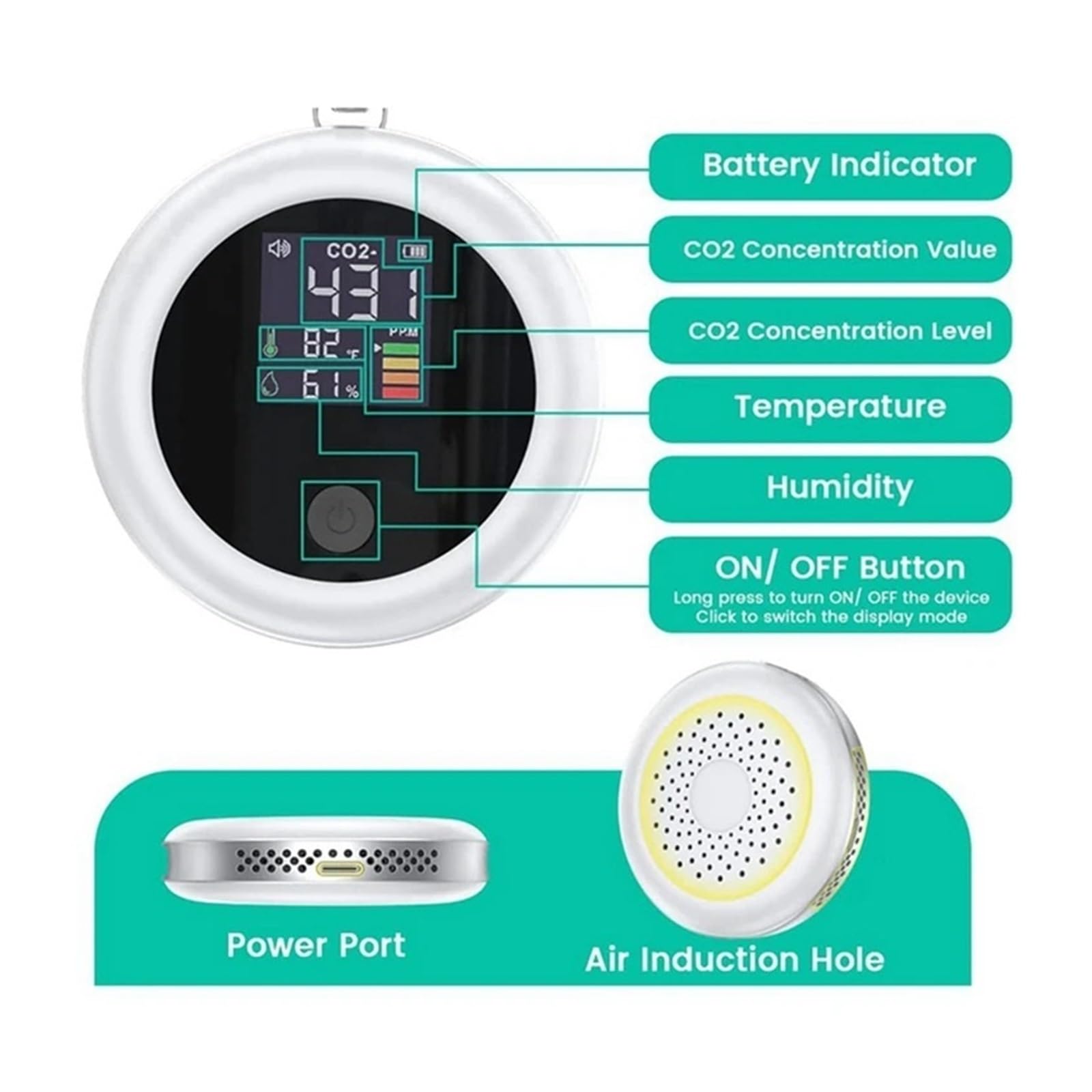 Misuratore Qualità dell'aria, Monitor di anidride carbonica a qualità 'aria + allarme con tester di CO2 400-5000 PPM-NDIR (nero) per Casa Cucina Ufficio Auto(Noir)