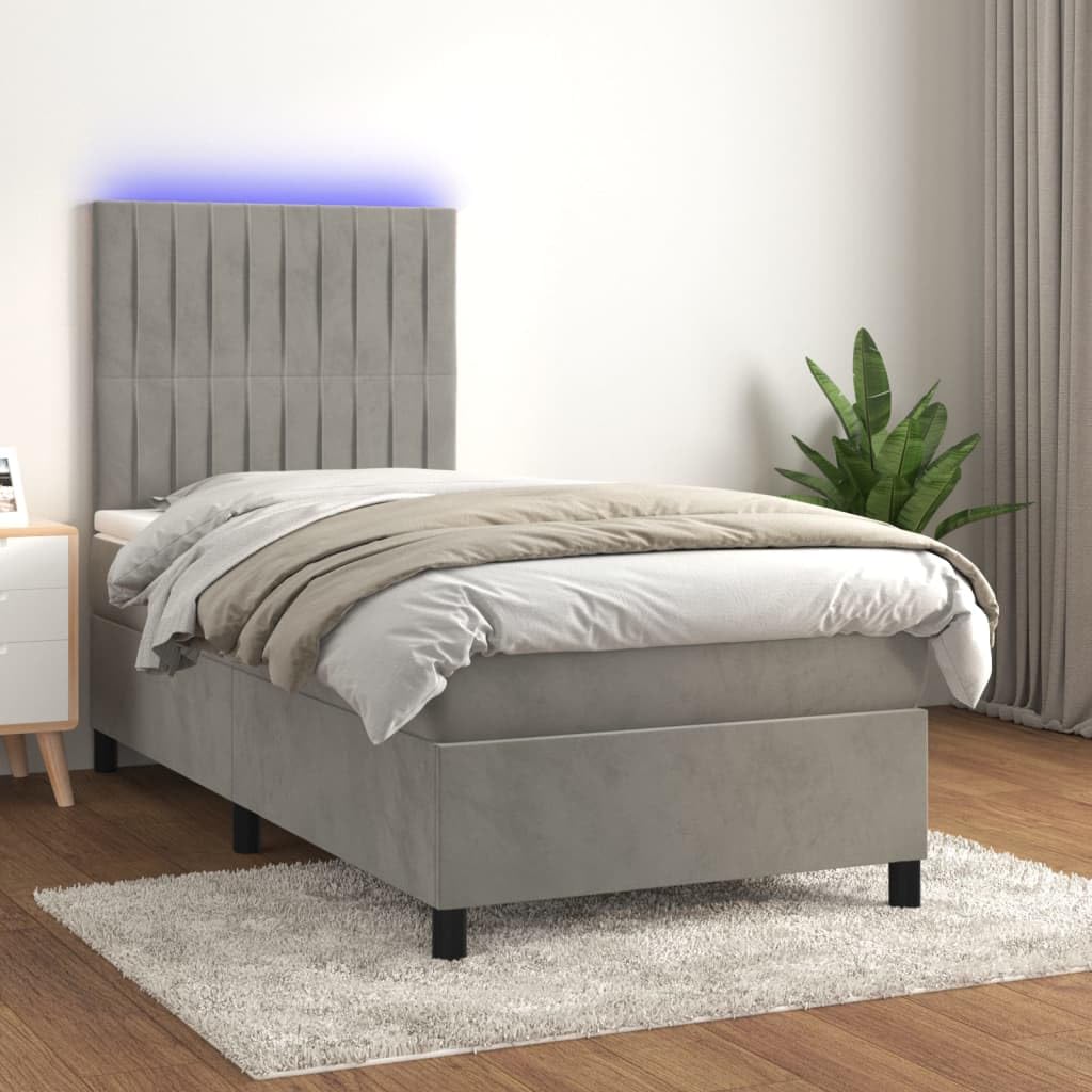 Samt Boxspringbett mit LED und verstellbarem Kopfteil Komfort Bett 90x190 | Boxspringbett mit Matratze und LED Licht Hellgrau 90x190 cm Samt Bett mit Kopfteil verstellbar Taschenfederkern Topper USB