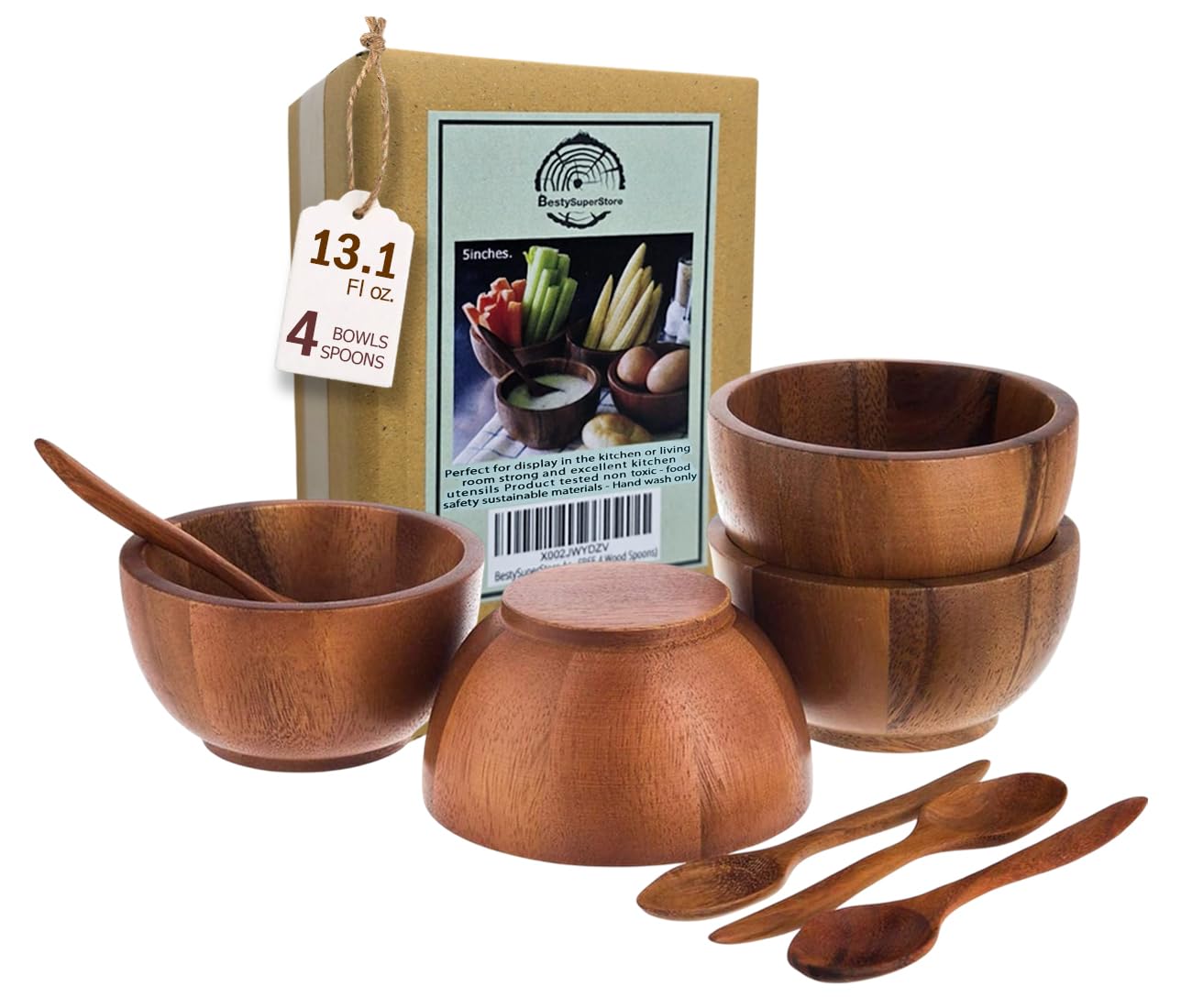 Set of 4 Small Round Acacia Wooden Bowls 5 Inch Diameter With Spoons - Stackable Mixing Bowl for Salad Soup Snack Salsa Dip Sauce Charcuterie Wood Tableware Sets for Decor and Serving