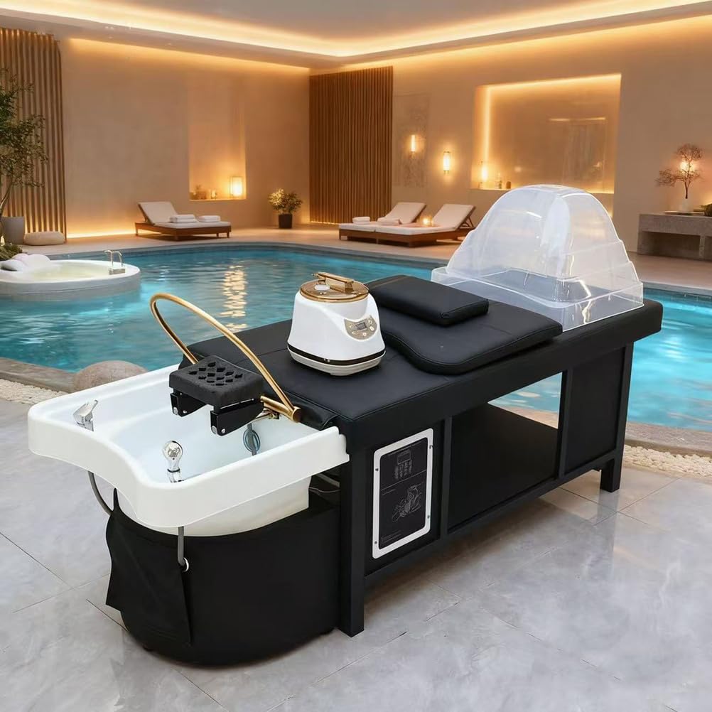 Lettino per shampoo professionale con sistema di circolazione dell'acqua e vaporizzatore, attrezzatura per spa da salone, tavolo da massaggio per barbiere e salone di bellezza