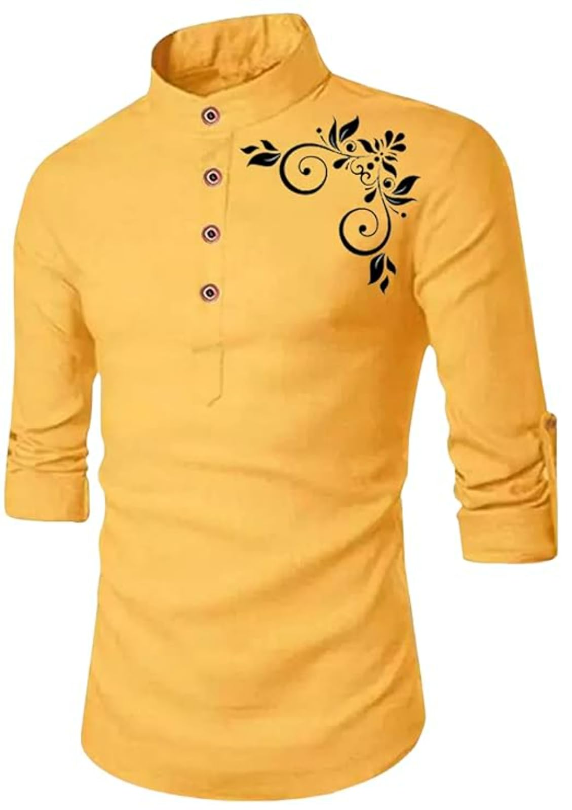 DEEMOON Men's Regular Fit Floral Short Kurta, yellow, M