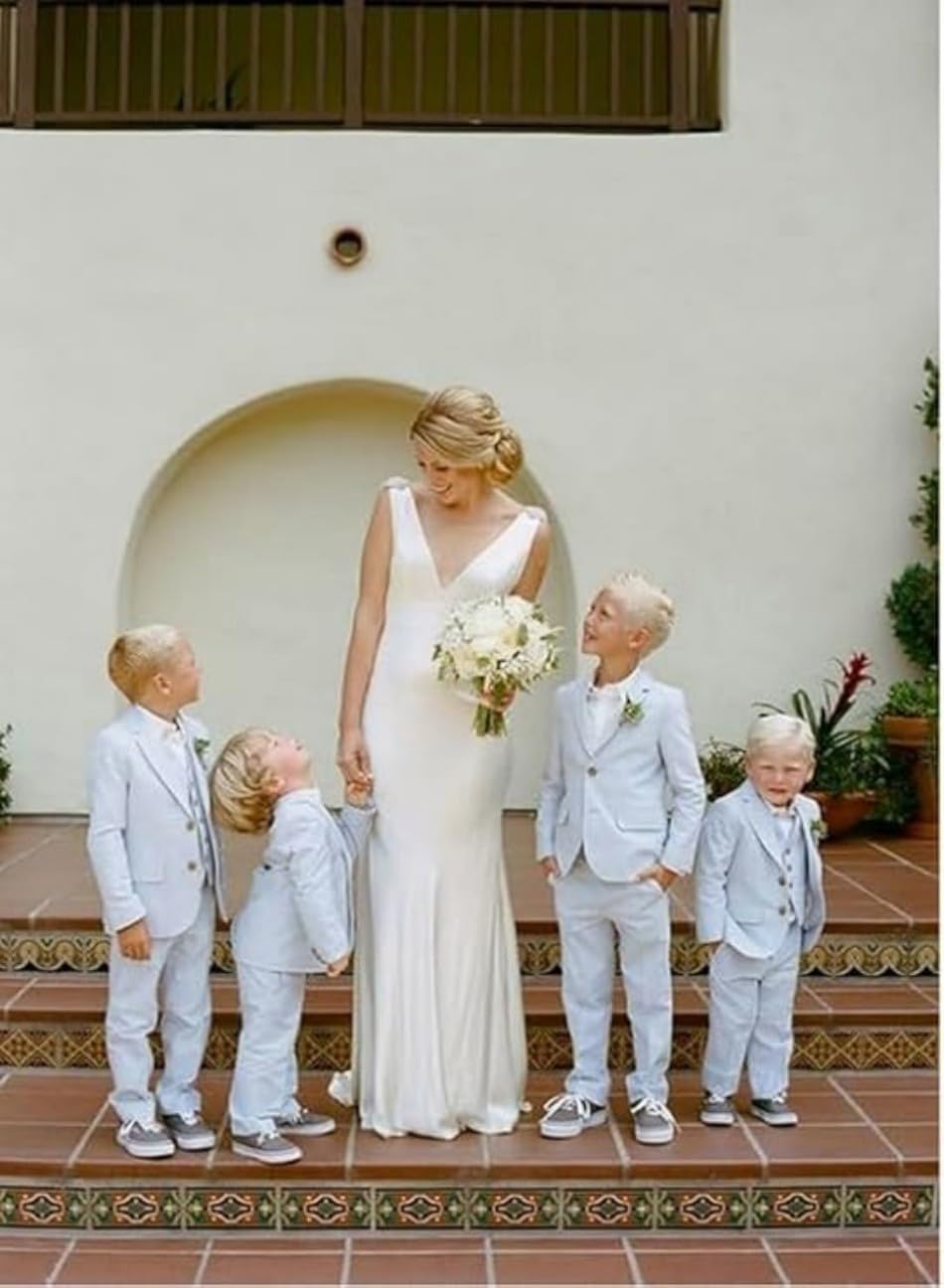 Mi Bo Tong Slim Fit Suit for Boys 3 Pieces Linen Suits Blazer Vest Pants for Wedding Formal Boy Suit Dresswear Tuxedos