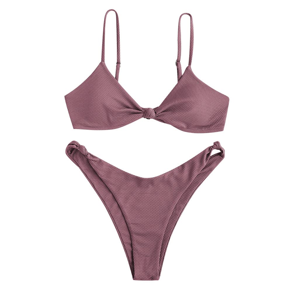 ZAFUL Womens Bikini Textured Knotted Bikini Set Two Piece Swimsuit Sexy Swimwear Cami Bikini Top and Cheeky Bottom (2-Purple1, S)