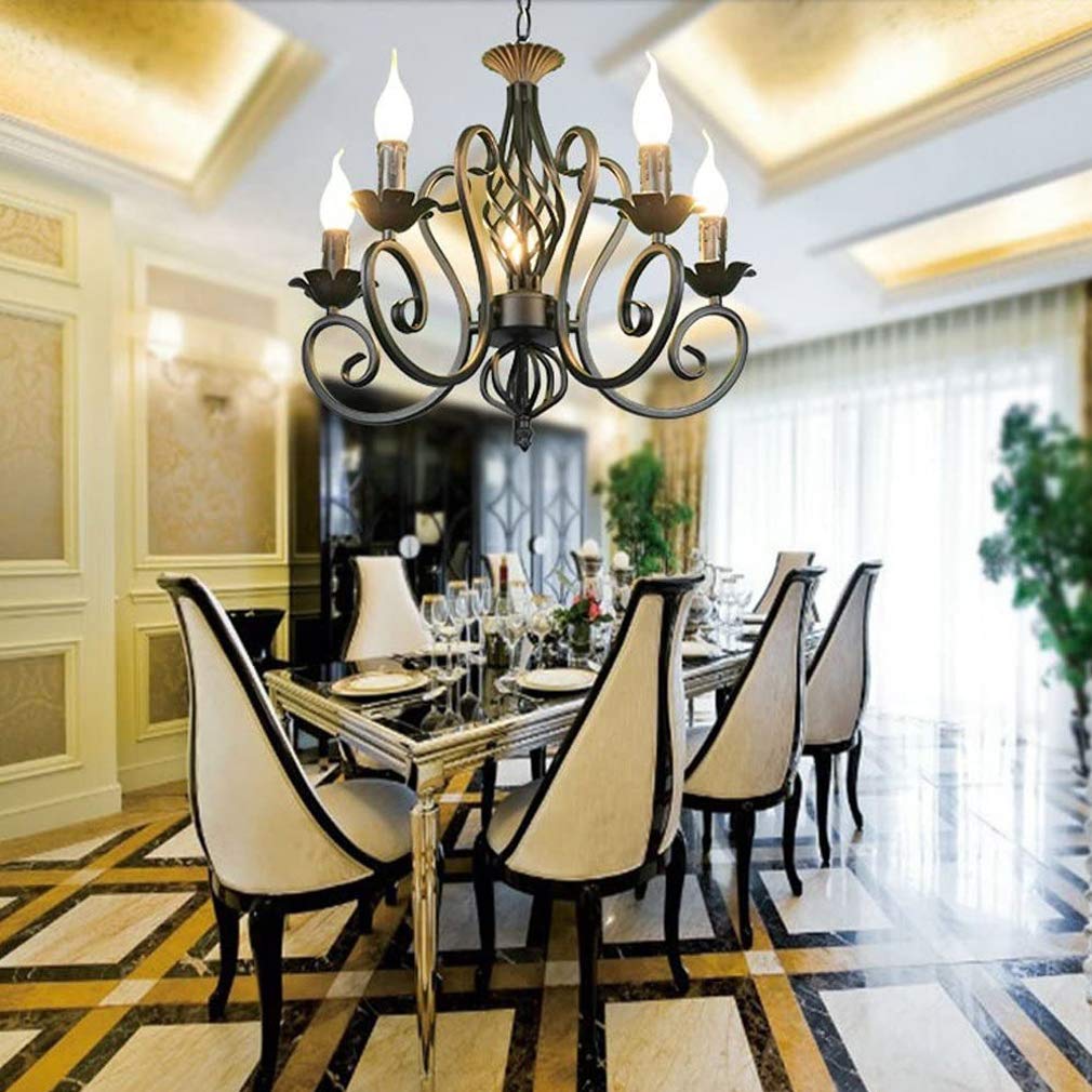 E14 Pendelleuchte Kronleuchter Kerze Vintage Elegante Esszimmer Wohnzimmerlampe Schwarz, Rund Hängelampe für Landhaus Rustikal Arbeitszimmer Esstisch Design Lampe, 5-flammig, Höhenverstellbar, L52cm
