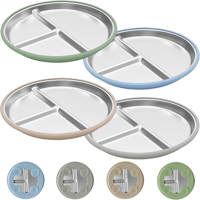 Stainless Steel Toddler Plates with Suction, 4 Pack Kids Baby
