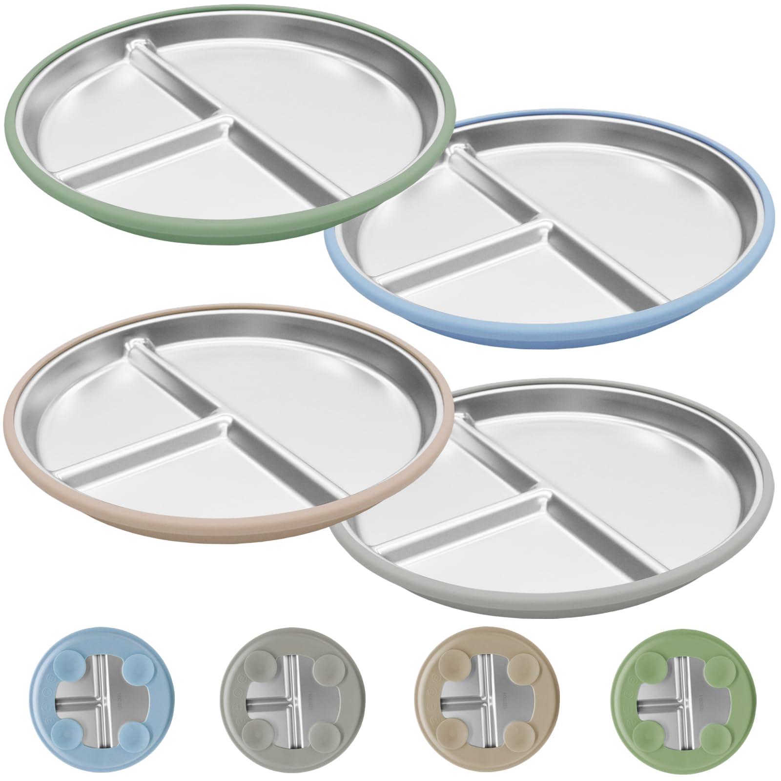 Photo 1 of JVEOO Stainless Steel Toddler Plates with Suction, 4 Pack Kids Baby Plates Set with Sturdy Silicone Suction Base Easy to Clean 9 inch