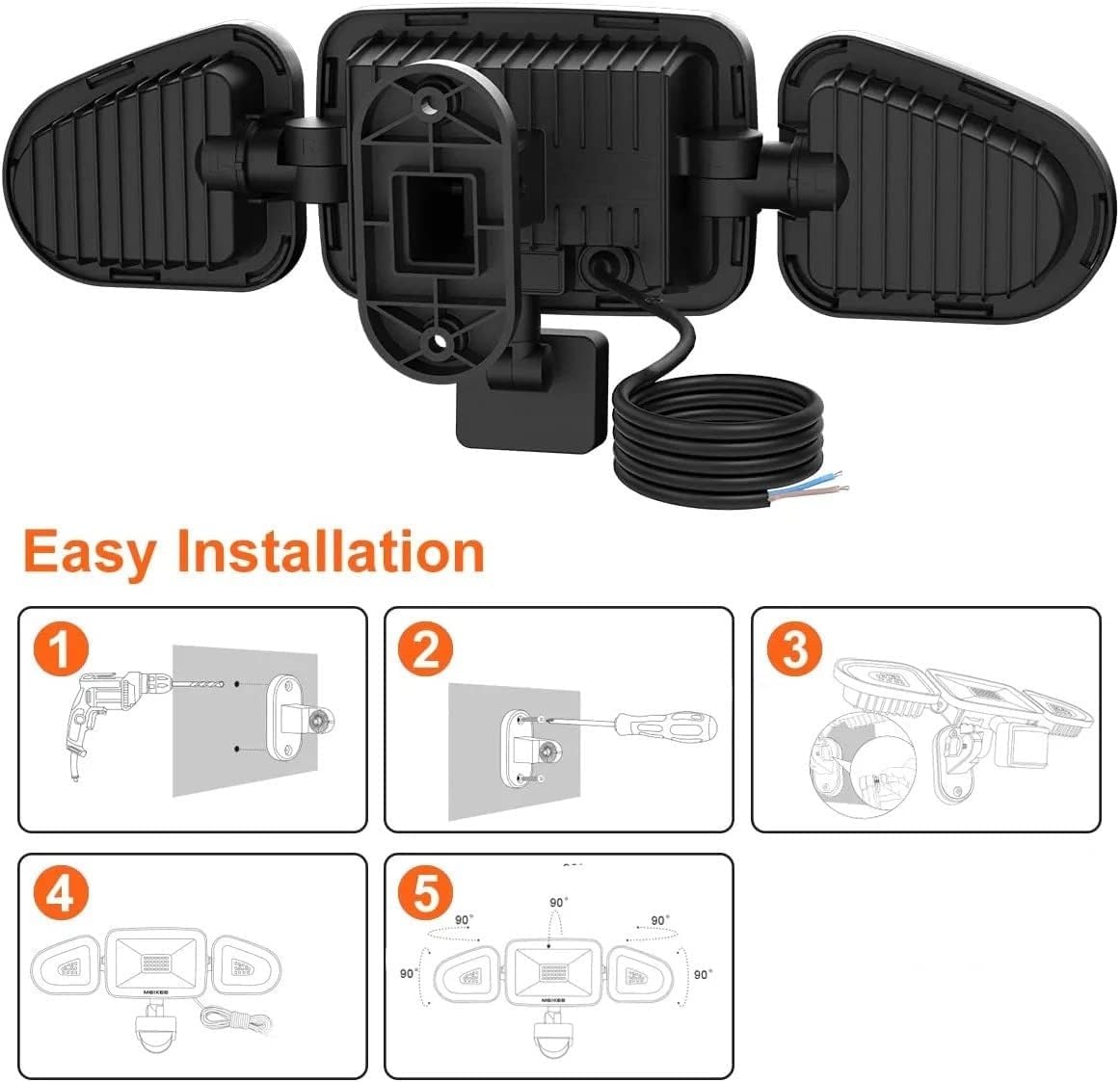 Step-by-step visual guide for easy installation, including drilling, mounting the bracket, attaching the light, wiring, and adjusting the light heads.