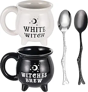 2 Pack Witches Brew Cauldron Mugs - 12 Oz Ceramic Coffee Mugs in Black and White with 2 Pcs Spoons - Halloween Decoration for Tabletop