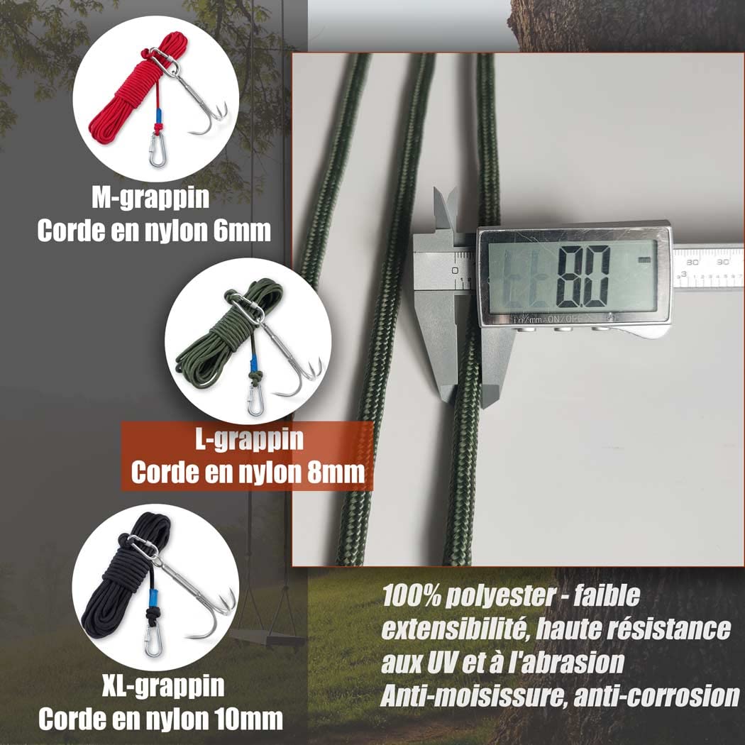 Grappin avec Corde-Comprend Corde en Nylon de 8mm x 15M,Grapin et Double Mousqueton,pour la Peche aimant/Travail des arbres/Tirant