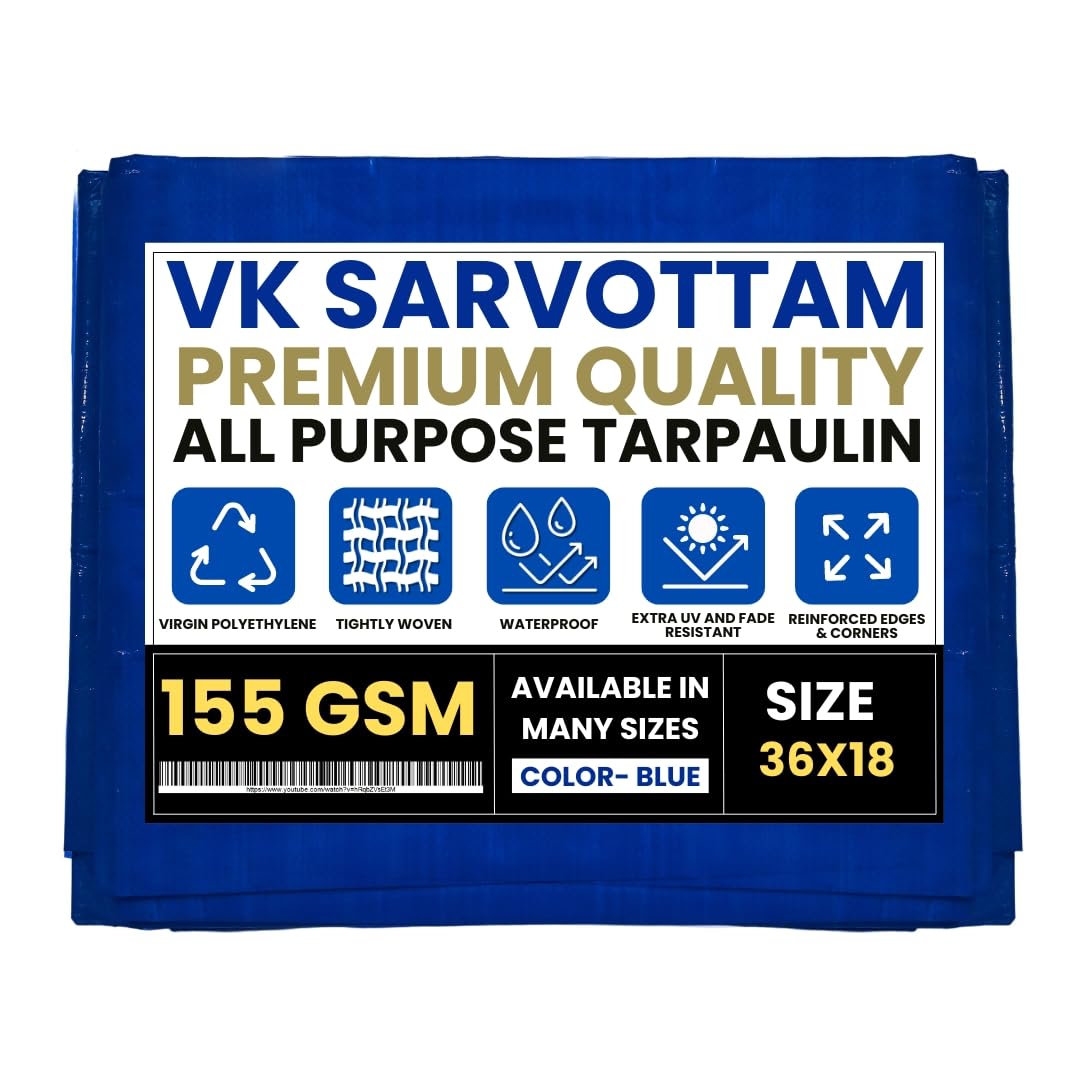 VK Sarvottam Mahatikau Tirpal 155 GSM 18x36 feet All Purpose Plastic Cover 100% Protection All Weather. UV Resistant, High-Density PE Fibers Reinforced Waterproof, High Tensile Strength Tarpaulin (B0D8ZX1TFN) Amazon Price History, Amazon Price Tracker