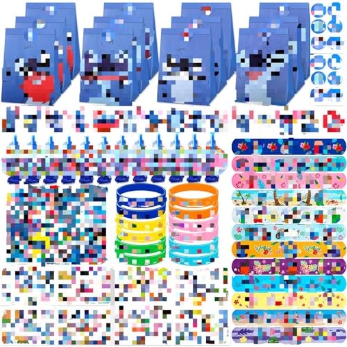 135PCS Cartoon Party Bag Fillers Theme Kids Party Bag Fillers with 50 Stickers 12 Paper Gift Bag 12Pcs Slap Bands 12Pcs Rubber Bracelets 15Pcs Button Pins Party Supplies Kit for Kids Boys Girls